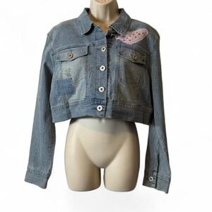 Vintage Denim Cropped Embroidered Patch Rhinestones Jean Jacket‎